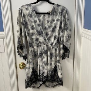 Black & white silky romper with black lace trim, Illa Illa, size medium